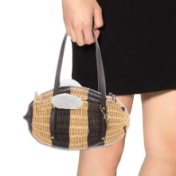 Kate Spade Down the Rabbit Hole Wicker Bee handbag in natural and black wicker - Picture 8 of 14